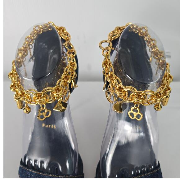 Christian Louboutin Gourmi Sandal 100 Denim Gold Charm Anklet Heel 39 w/ Box - Picture 14 of 16
